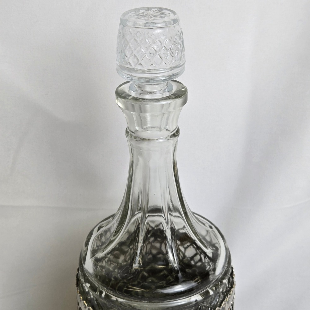Glass Liquor Decanter, Decorative Silver Tone Hammered Metal Caddy 11" Vintage - Picture 2 of 16